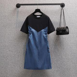 Short-sleeve Satin Panel Midi Dress