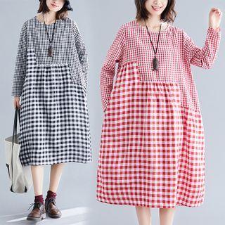 Long-sleeve Gingham Shift Dress