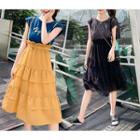 Set: Lettering Cap-sleeve T-shirt + Ruffle Trim Midi Suspender Skirt