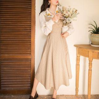 Set: Embroidered Shirt + Plaid Midi A-line Pinafore Dress