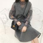Set: Sleeveless V-neck Dress + Balloon-sleeve Faux Pearl Chiffon Top