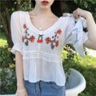 Short-sleeve Floral Embroidered Knit Panel Blouse Red & Green & White - One Size