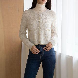 Glitter-trim Furry Cardigan Beige - One Size