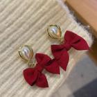 Faux Pearl Bow Dangle Earring 1 Pair - White & Red - One Size