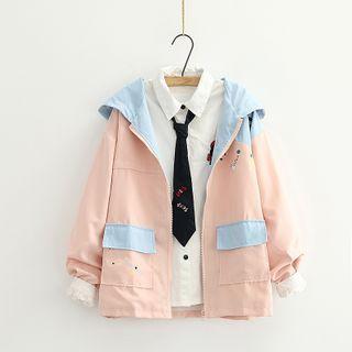 Contrast Color Cartoon Print Hooded Jacket