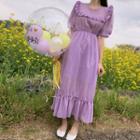 Puff-sleeve Frilled Long Crepe Dress In Pattern Violet - One Size