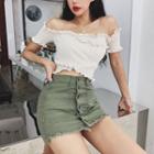 Single-breasted Fray Hem Mini Skirt