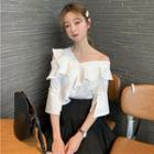 Cold-shoulder Ruffle-trim Elbow-sleeve Blouse / Mini A-line Pleated Skirt