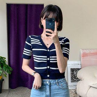 V-neck Stripe Cropped Cardigan