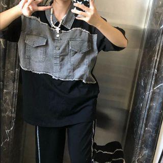 Elbow-sleeve Denim Panel Polo Shirt / Sweatpants