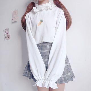 Mock-turtleneck Ruffled Embroidered Pullover