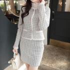 Set: Raglan Piped Tweed Jacket + Skirt Ivory - One Size