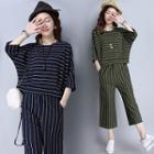 Set: Pinstriped 3/4-sleeve Top + Cropped Wide-leg Pants