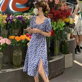 Square-neck Slit Floral A-line Dress