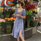 Square-neck Slit Floral A-line Dress