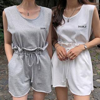 Set: Sleeveless Lettering-embroidered Top + Paperbag-waist Sweatshorts