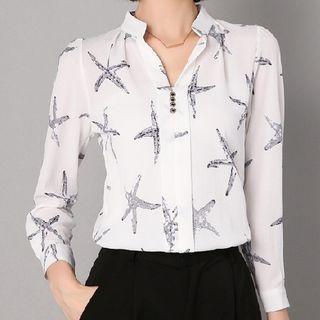 Sea Star Print Long-sleeve Chiffon Blouse