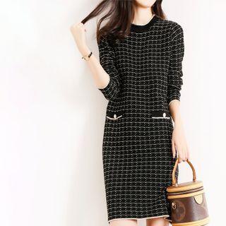Long-sleeve Check Knit Mini Sheath Dress