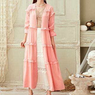 3/4 Sleeve Ruffled Long Chiffon Cardigan
