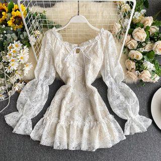 Balloon-sleeve Flared-cuff Mini Lace Dress