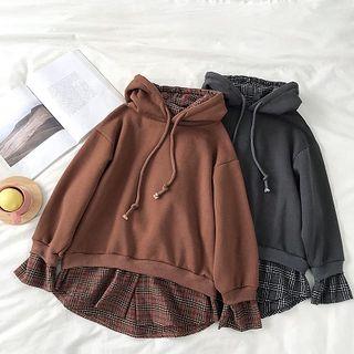 Mock Two-piece Plaid Panel Long-sleeve Hooded Sweatshirt