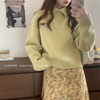 Polo-neck Fox Print Knit Sweater