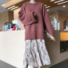 Crew Neck Sweater/ Crinkle Floral Print Midi A-line Skirt