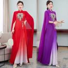 Elbow-sleeve Embroidered Maxi A-line Qipao Dress