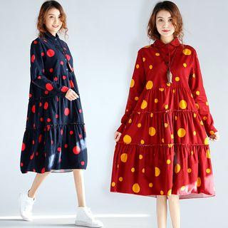 Long-sleeve Dotted A-line Pleated Dress