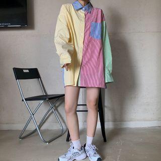 Color Block Striped Shirt Shirt - Yellow & Red & Blue - One Size
