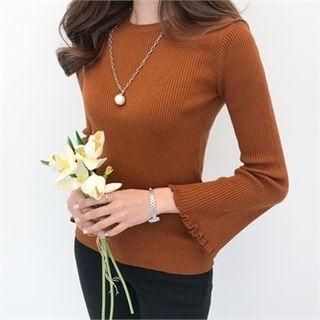 Flare-sleeve Ribbed Knit Top