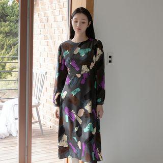 Illustration-patterned Long Flare Dress