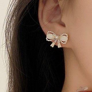Faux Pearl Ribbon Sterling Silver Stud Earring 1 Pair - Gold - One Size