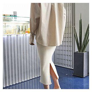 Slit-back Rib-knit Midi Skirt Ivory - One Size