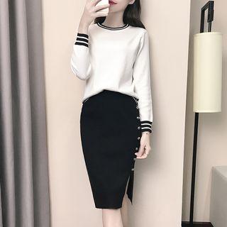 Set: Stripe Long-sleeve Top + Midi Skirt