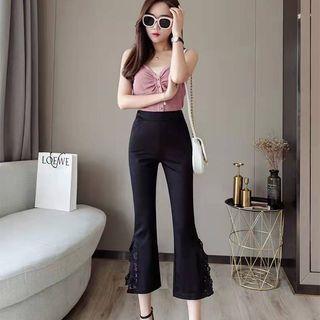 Lace Trim Slit Cropped Bootcut Pants