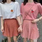 Fruit Embroidered T-shirt / Pleated Mini Skirt