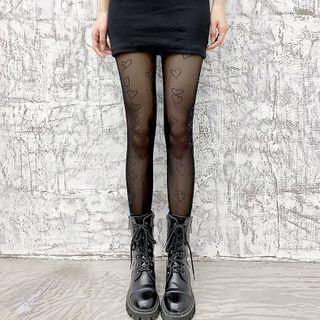 Heart Print Sheer Tights Heart - Black - One Size