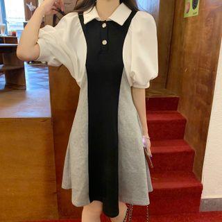 Puff-sleeve Polo Collar Color Block A-line Dress