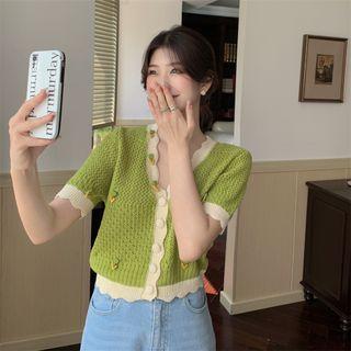 V-neck Knit Cropped Top Green - One Size