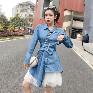 Long-sleeve Denim Shirt / Mini A-line Mesh Skirt