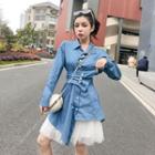Long-sleeve Denim Shirt / Mini A-line Mesh Skirt
