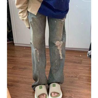 Mid Rise Distressed Washed Wide Leg Jeans