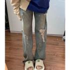 Mid Rise Distressed Washed Wide Leg Jeans