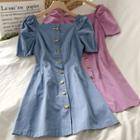 Plain Off-shoulder Single-breasted A-line Dress