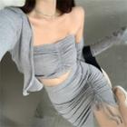 Set: Ruched Tube Top + High Waist Drawstring Maxi Split Skirt / Long Sleeve Crop Cardigan