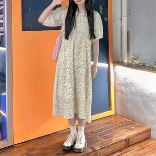 Short-sleeve Floral Midi A-line Dress Light Yellow - One Size
