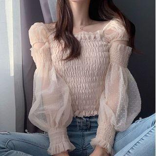 Long-sleeve Mesh Smocked Top