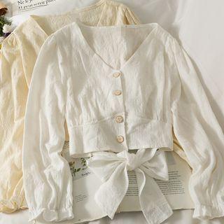 Ribbon-back V-neck Crop Shirt