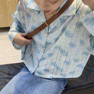 Long-sleeve Floral Printed Shirt Blue - One Size